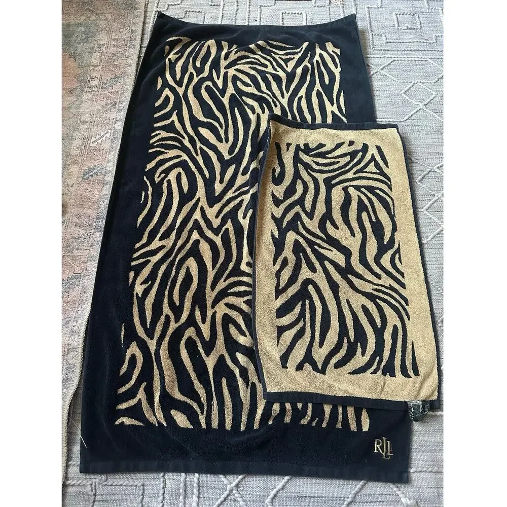 Vintage Lauren Ralph Lauren Zebra Towels bath and hand set 1990 black beige